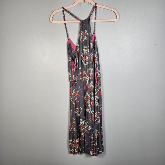 Y2K The Limited Floral Sundress Grey Raspberry Pink Satin Detail V Neck Size Sm - Picture 3 of 6
